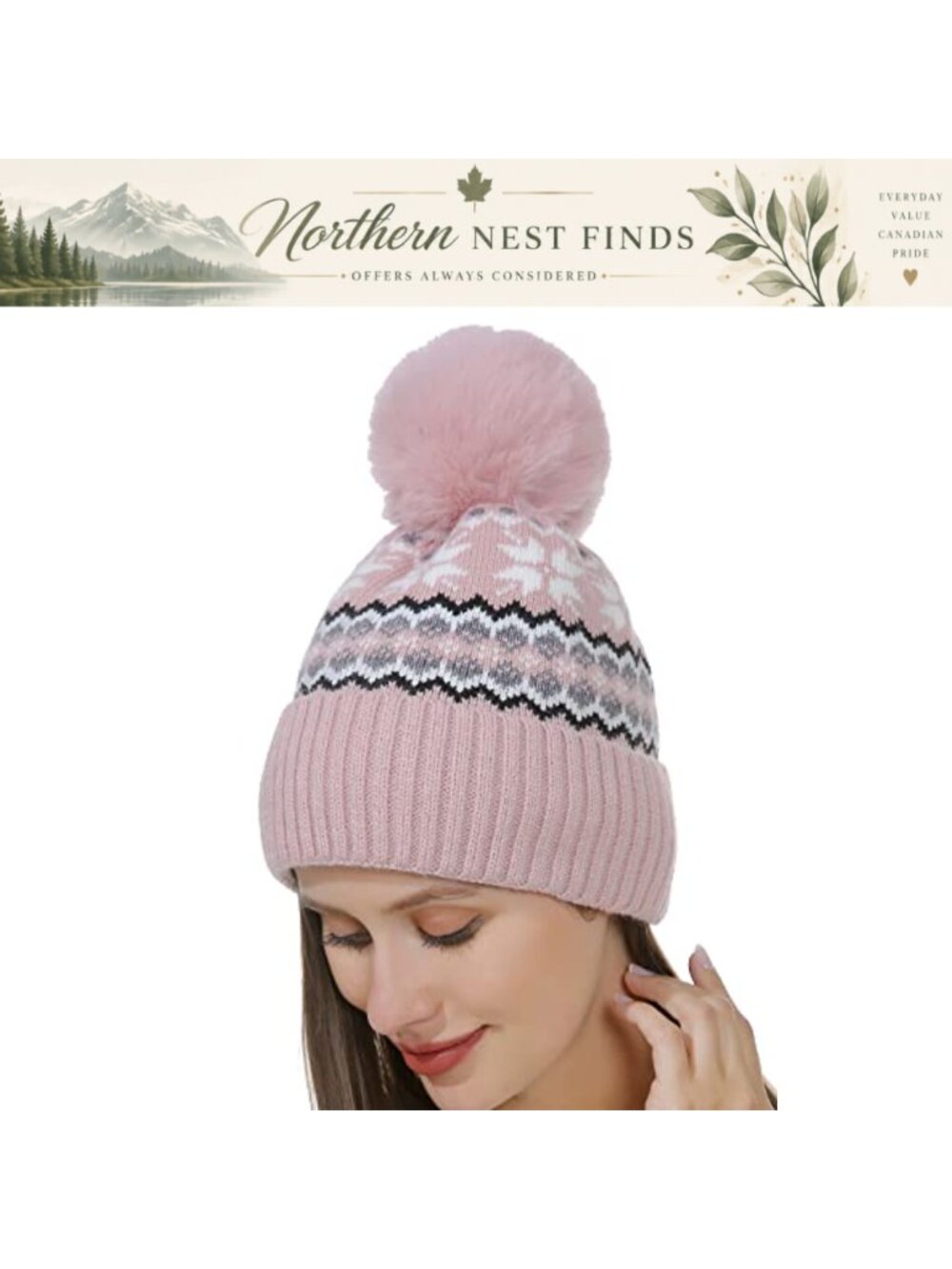 Winter Beanie Hat Knit Snowflake Faux Fur Pompom Fleece Lined Toque